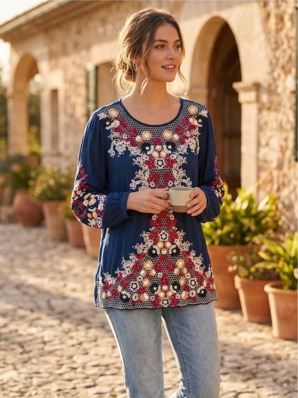 Micky London ML Bohemian Embroidered Blouse Tunic Long Sleeve Viscose